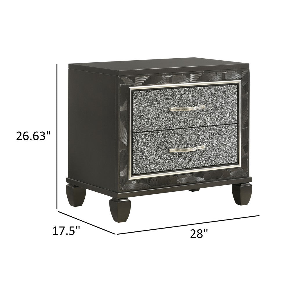 Ren 28 Inch Nightstand with 2 Glitter Front Storage Drawers, Black, Silver