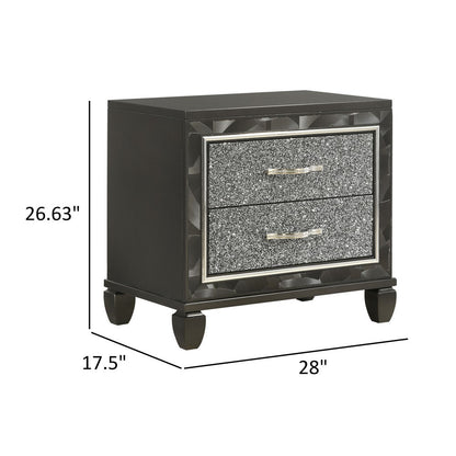 Ren 28 Inch Nightstand with 2 Glitter Front Storage Drawers, Black, Silver
