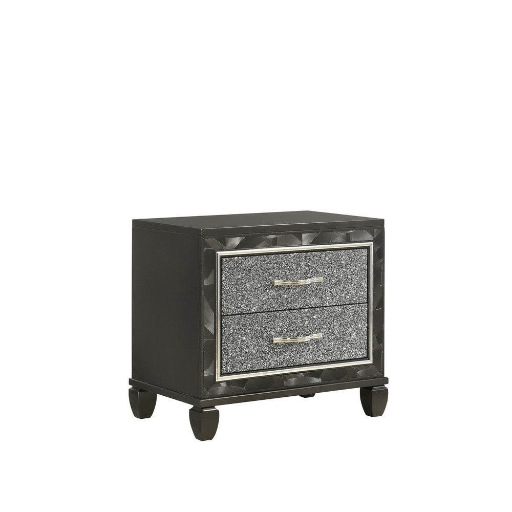 Ren 28 Inch Nightstand with 2 Glitter Front Storage Drawers, Black, Silver