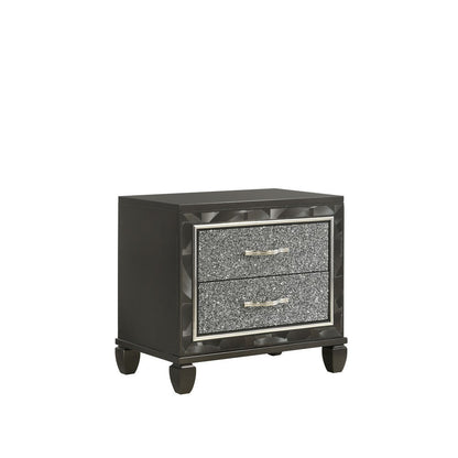 Ren 28 Inch Nightstand with 2 Glitter Front Storage Drawers, Black, Silver