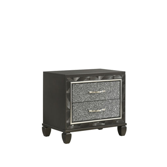 Ren 28 Inch Nightstand with 2 Glitter Front Storage Drawers, Black, Silver