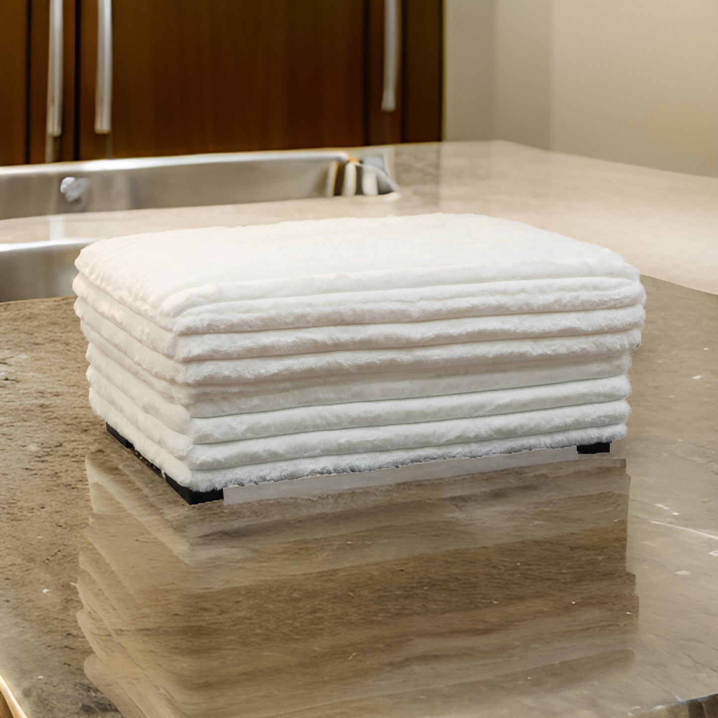 Ezo 41 Inch Ottoman, Layered Plush White Fabric Upholstery, Modern