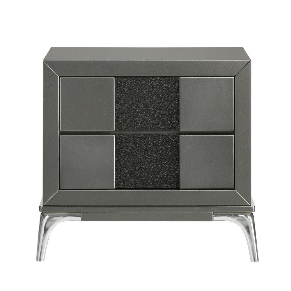 Rya 23 Inch Modern Nightstand with 2 Drawers, Gray Wood, Angled Chrome Legs