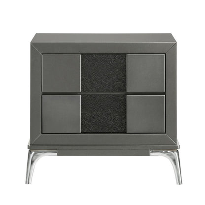 Rya 23 Inch Modern Nightstand with 2 Drawers, Gray Wood, Angled Chrome Legs