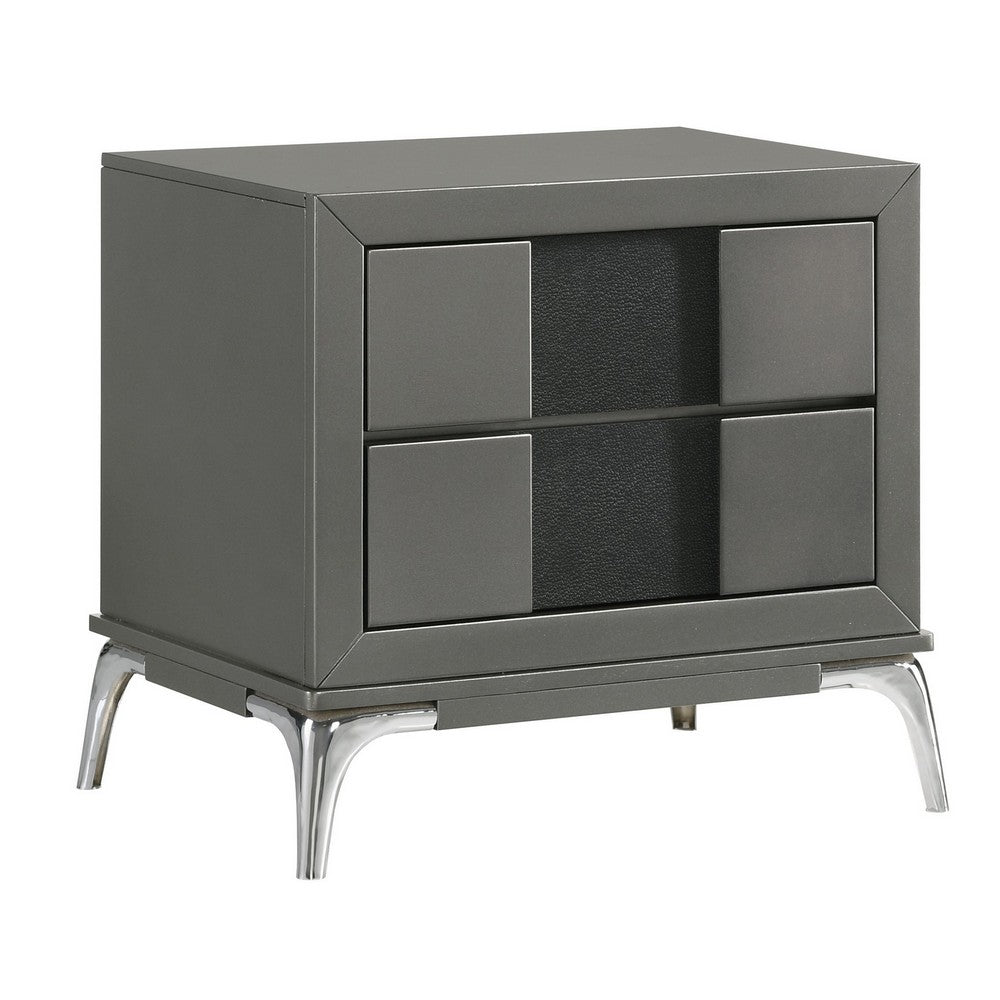 Rya 23 Inch Modern Nightstand with 2 Drawers, Gray Wood, Angled Chrome Legs