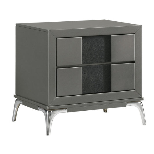 Rya 23 Inch Modern Nightstand with 2 Drawers, Gray Wood, Angled Chrome Legs