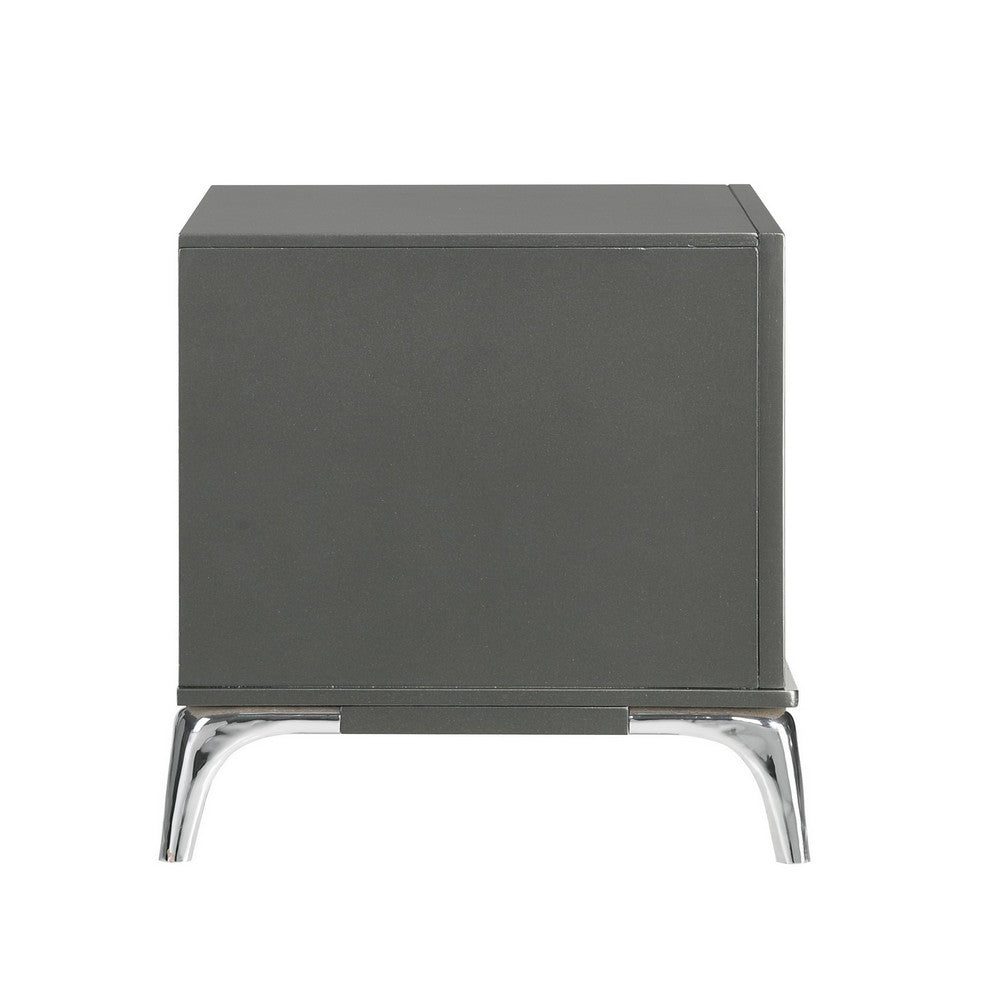 Rya 23 Inch Modern Nightstand with 2 Drawers, Gray Wood, Angled Chrome Legs