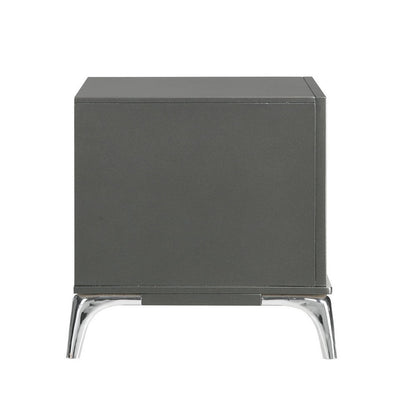 Rya 23 Inch Modern Nightstand with 2 Drawers, Gray Wood, Angled Chrome Legs