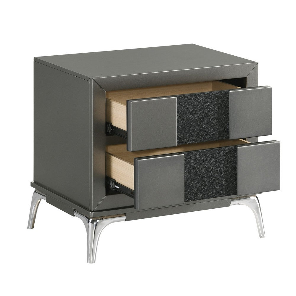 Rya 23 Inch Modern Nightstand with 2 Drawers, Gray Wood, Angled Chrome Legs