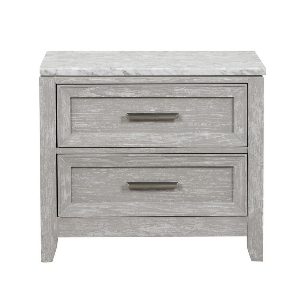 Ion 30 Inch Nightstand, 2 Drawers, White Marble Top, Farmhouse Gray Wood