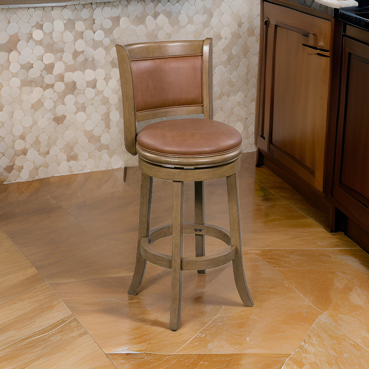 Haley 26 Inch Swivel Counter Height Chair Chestnut Brown Wood, Faux Leather