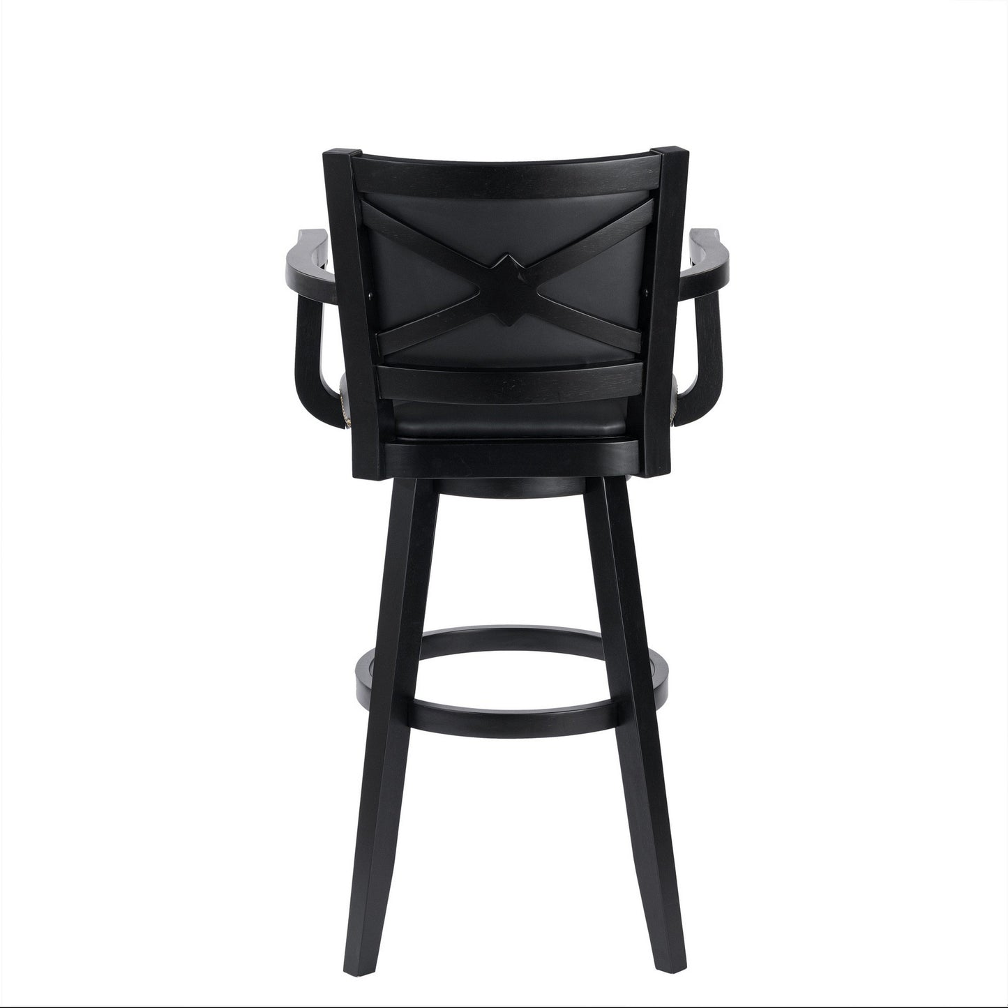 Kera 36 Inch Extra Tall Swivel Barstool Chair, Black Faux Leather, Nailhead