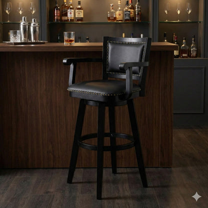 Kera 36 Inch Extra Tall Swivel Barstool Chair, Black Faux Leather, Nailhead
