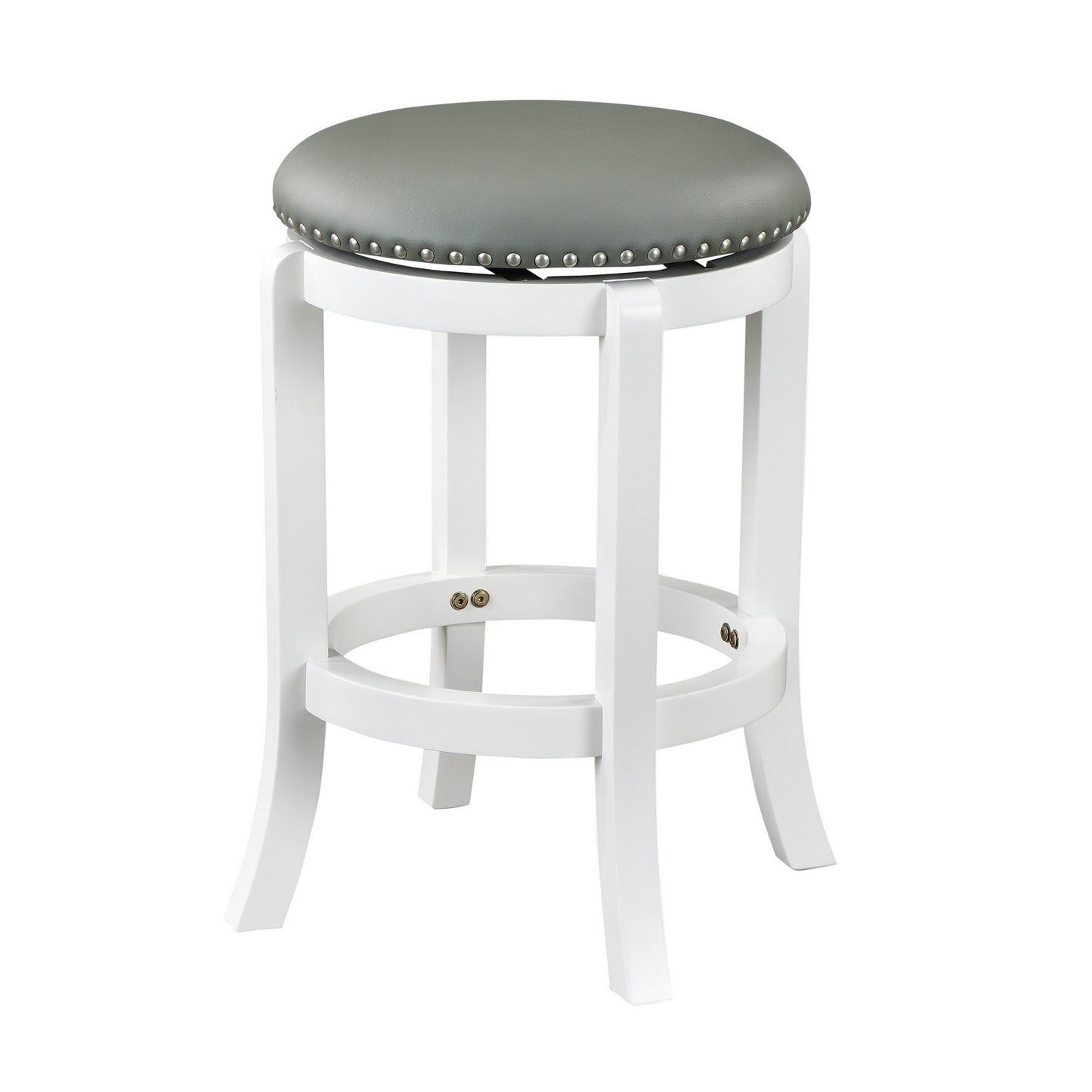 Ovi 25 Inch Backless Swivel Counter Stool, Gray Faux Leather, Nailhead Trim