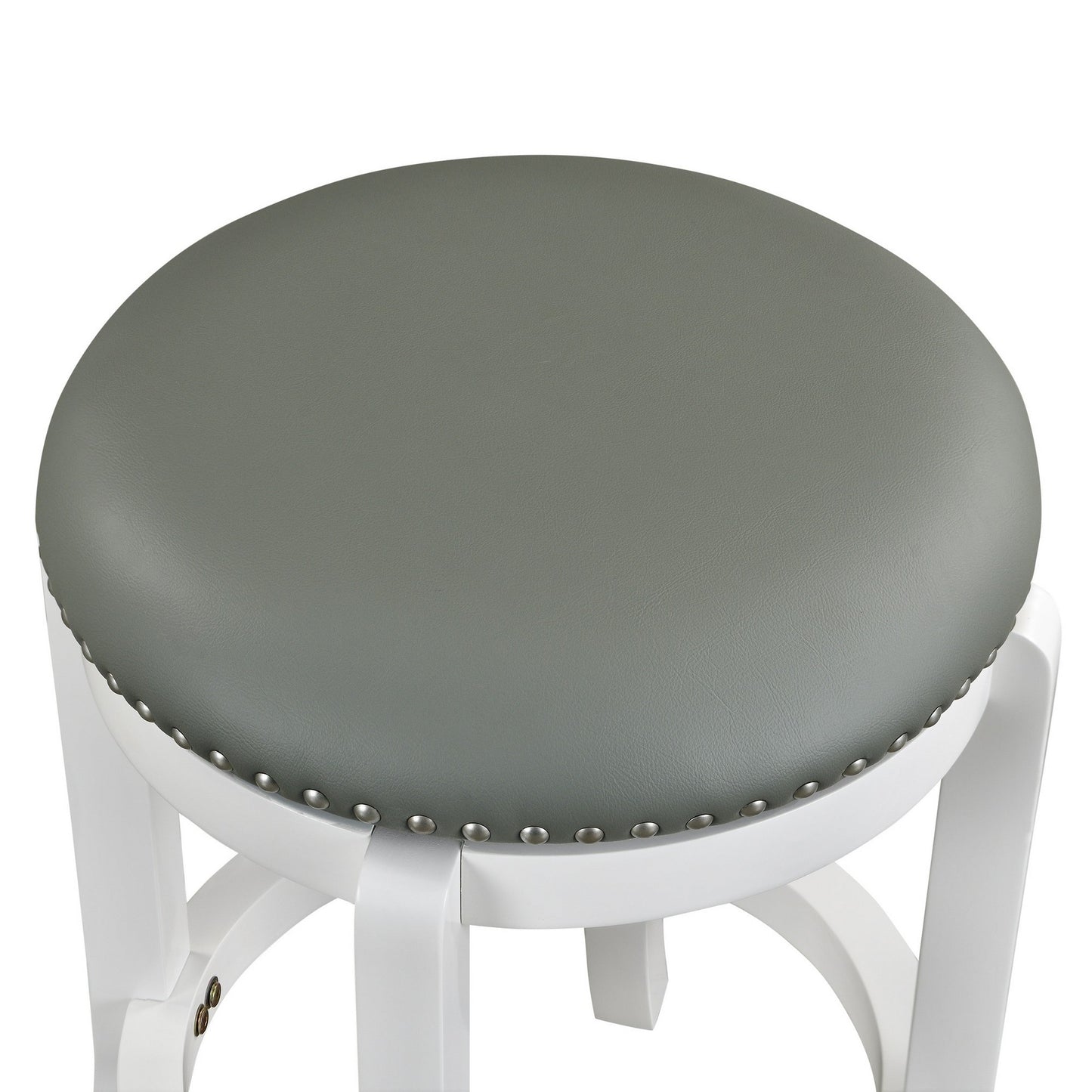 Ovi 25 Inch Backless Swivel Counter Stool, Gray Faux Leather, Nailhead Trim