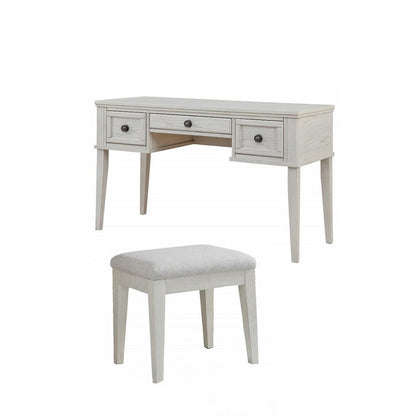 Lea Vanity Desk and Stool Set, 3 Gliding Drawers, Crisp White Wood
