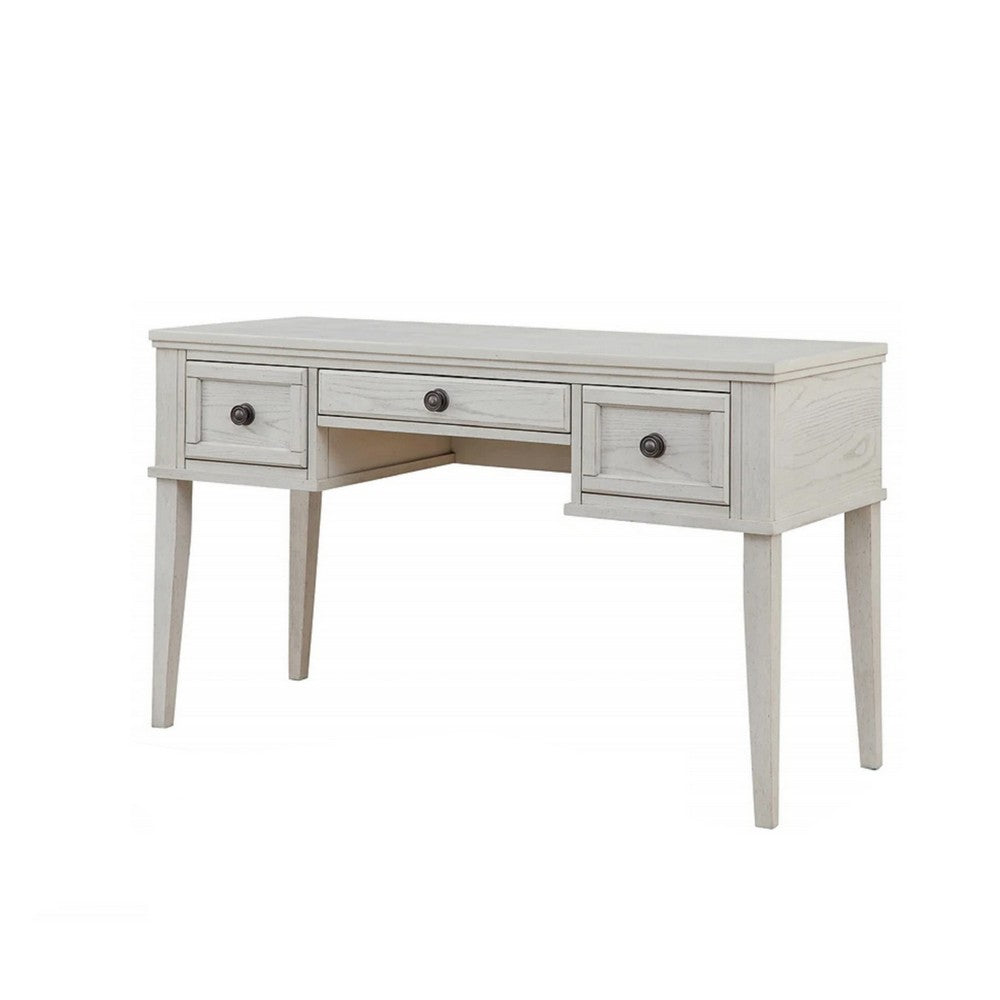 Lea Vanity Desk and Stool Set, 3 Gliding Drawers, Crisp White Wood