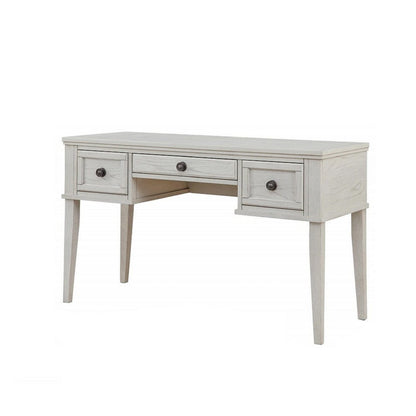 Lea Vanity Desk and Stool Set, 3 Gliding Drawers, Crisp White Wood