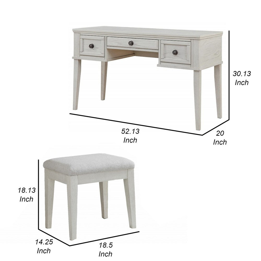 Lea Vanity Desk and Stool Set, 3 Gliding Drawers, Crisp White Wood