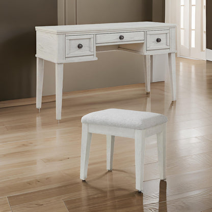 Lea Vanity Desk and Stool Set, 3 Gliding Drawers, Crisp White Wood