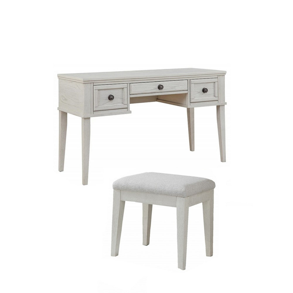 Lea Vanity Desk and Stool Set, 3 Gliding Drawers, Crisp White Wood