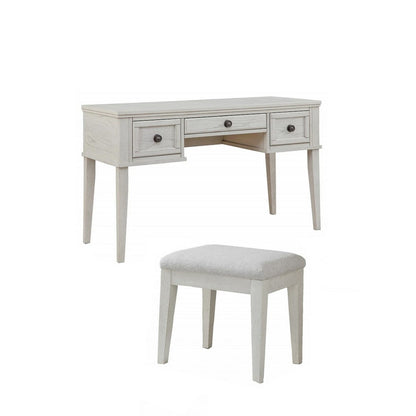 Lea Vanity Desk and Stool Set, 3 Gliding Drawers, Crisp White Wood