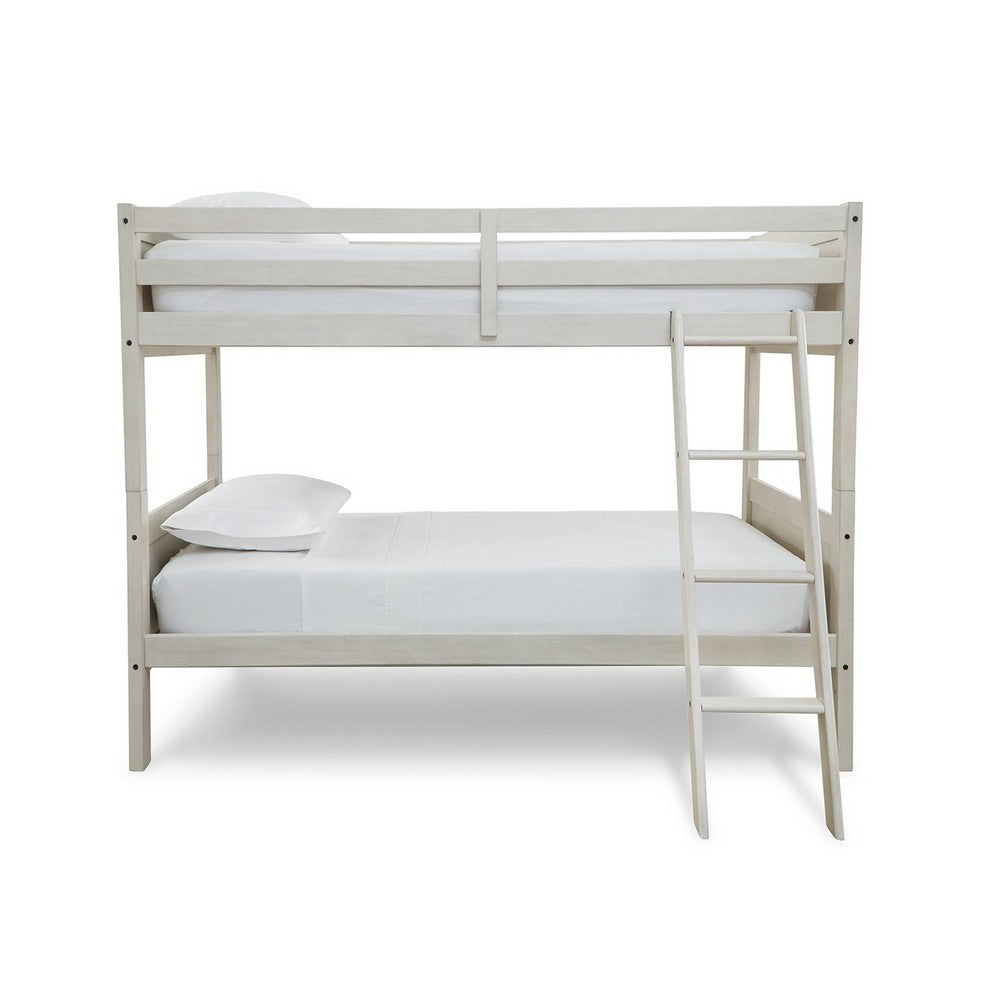 Lea Twin Size Bunk Bed, Wooden Ladder, Traditional Crisp White