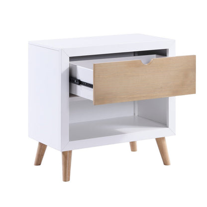 Kara 27 Inch Kids Nightstand, 1 Drawer, 1 Storage Cubby, White, Brown Wood