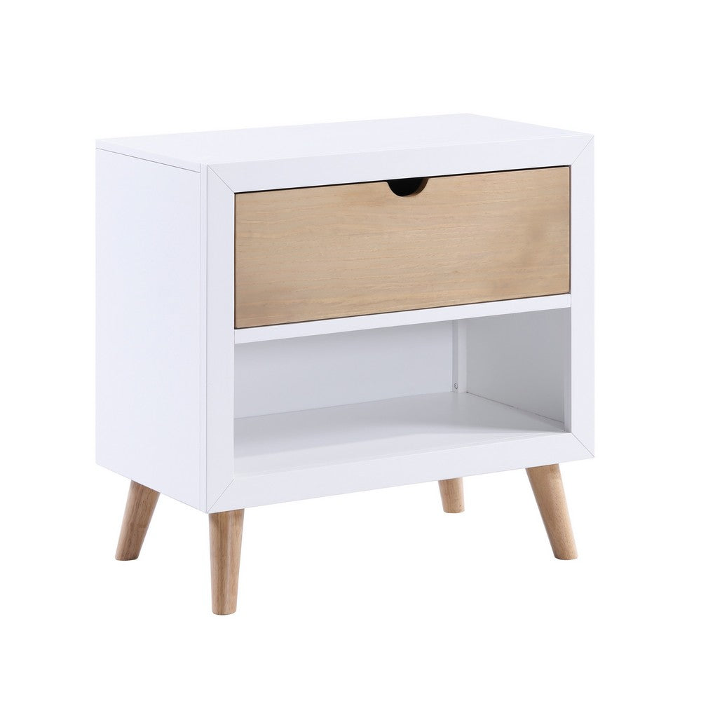 Kara 27 Inch Kids Nightstand, 1 Drawer, 1 Storage Cubby, White, Brown Wood