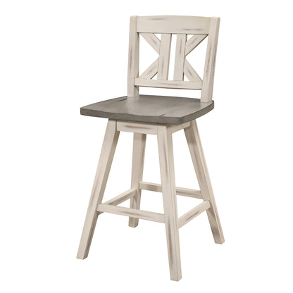 Ati 29 Inch Bar Height Stool Swivel Chairs Set of 2, Divided X Back, Gray, White