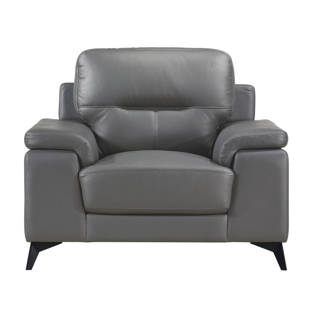 Mica 36 Inch Accent Chair, Dark Gray Top Grain and Faux Leather, Metal Legs