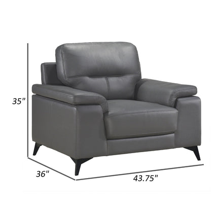 Mica 36 Inch Accent Chair, Dark Gray Top Grain and Faux Leather, Metal Legs