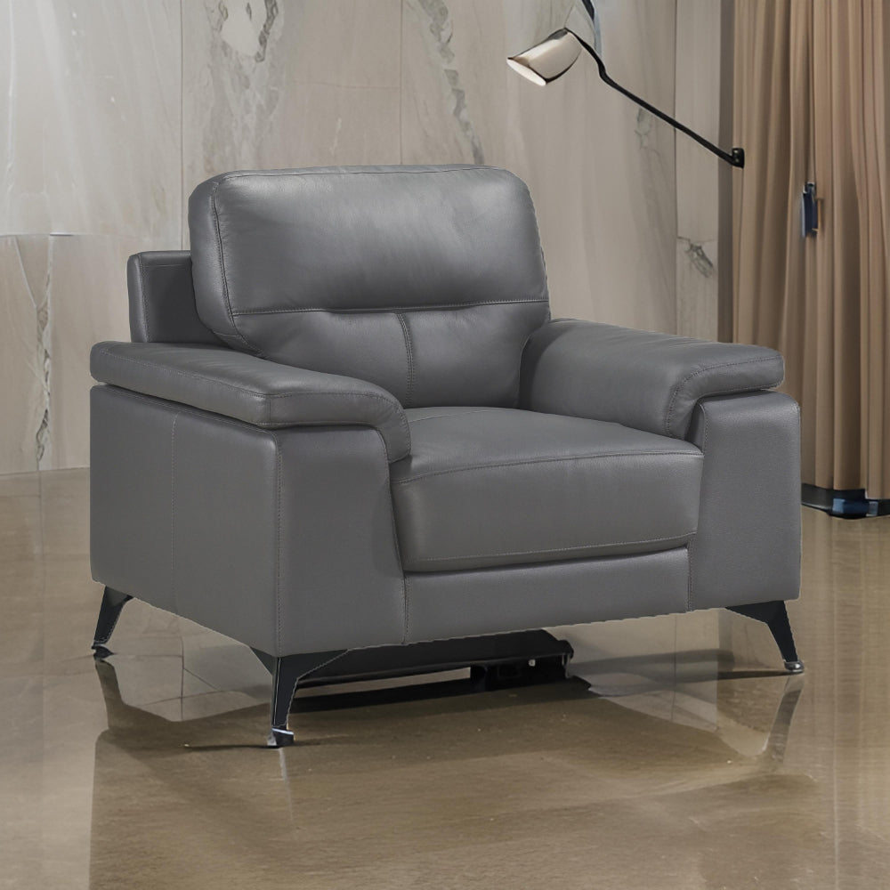 Mica 36 Inch Accent Chair, Dark Gray Top Grain and Faux Leather, Metal Legs