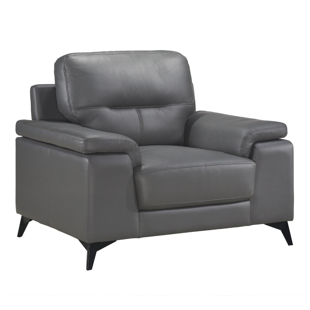 Mica 36 Inch Accent Chair, Dark Gray Top Grain and Faux Leather, Metal Legs