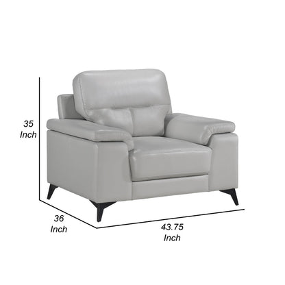 Mica 36 Inch Accent Chair, Metal Legs Light Gray Top Grain and Faux Leather