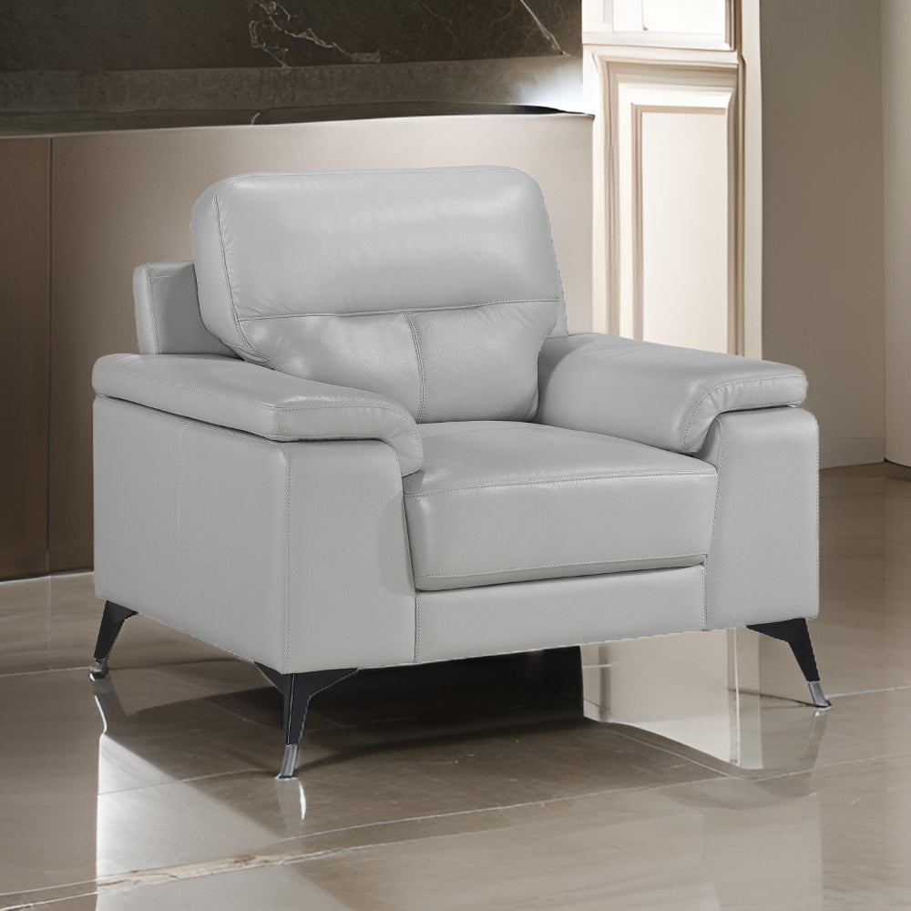 Mica 36 Inch Accent Chair, Metal Legs Light Gray Top Grain and Faux Leather
