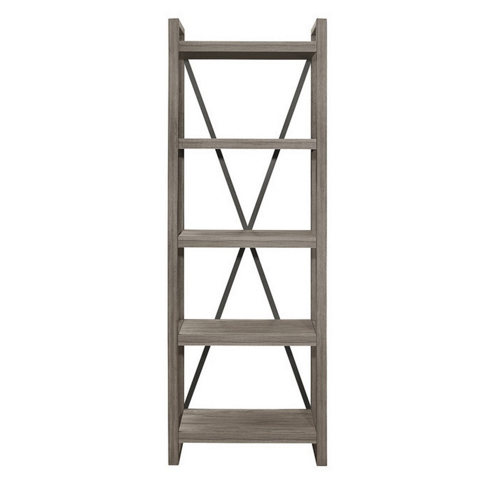 Rie 77 Inch Bookshelf, 4 Tiers , Metal X Shaped Support, Rustic Gray Wood