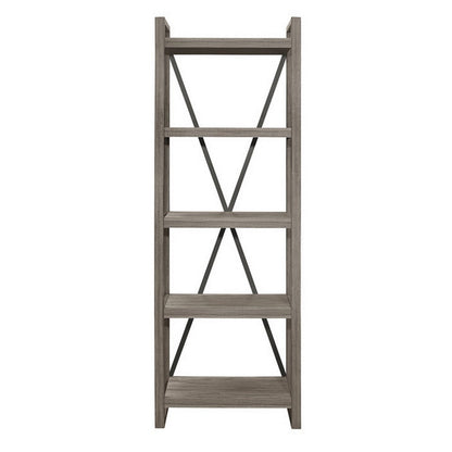 Rie 77 Inch Bookshelf, 4 Tiers , Metal X Shaped Support, Rustic Gray Wood