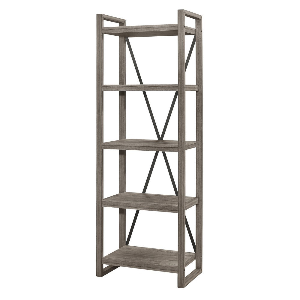 Rie 77 Inch Bookshelf, 4 Tiers , Metal X Shaped Support, Rustic Gray Wood