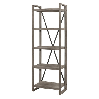 Rie 77 Inch Bookshelf, 4 Tiers , Metal X Shaped Support, Rustic Gray Wood