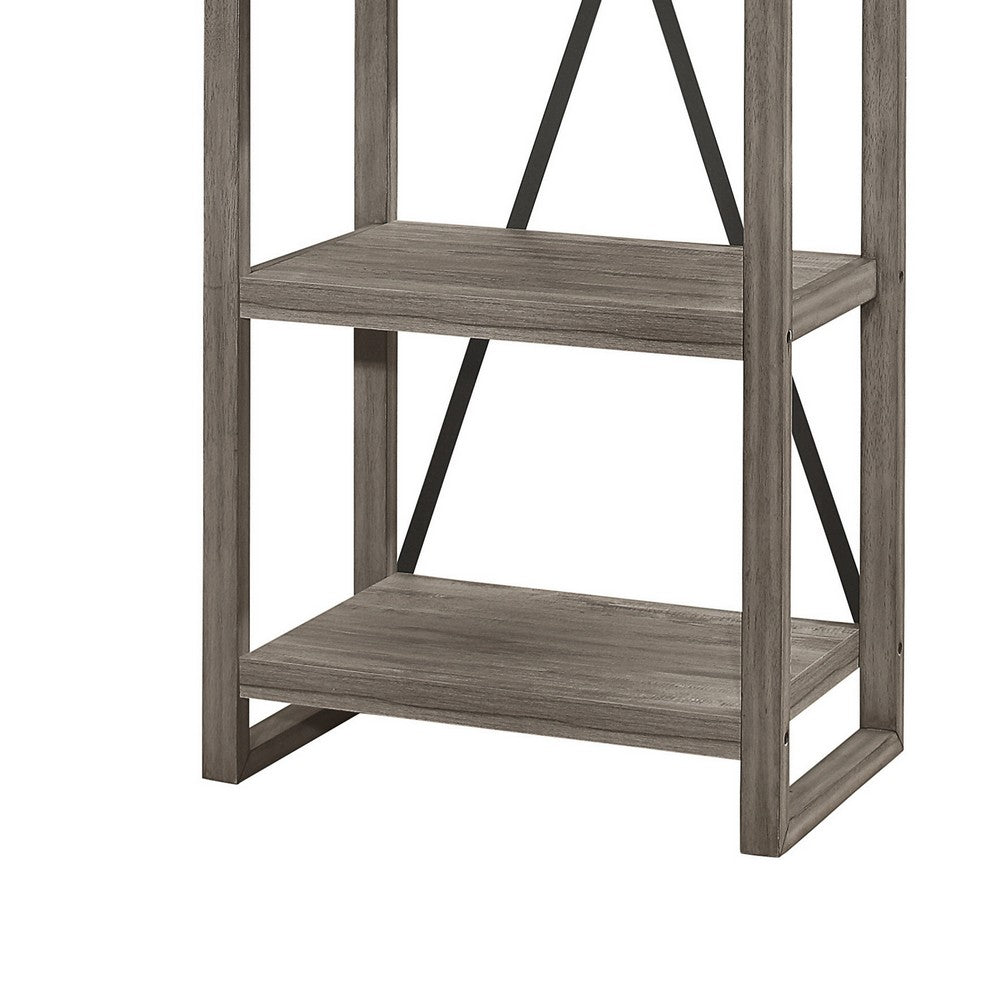 Rie 77 Inch Bookshelf, 4 Tiers , Metal X Shaped Support, Rustic Gray Wood