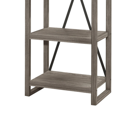 Rie 77 Inch Bookshelf, 4 Tiers , Metal X Shaped Support, Rustic Gray Wood