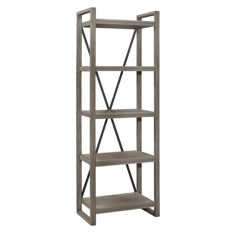 Rie 77 Inch Bookshelf, 4 Tiers , Metal X Shaped Support, Rustic Gray Wood