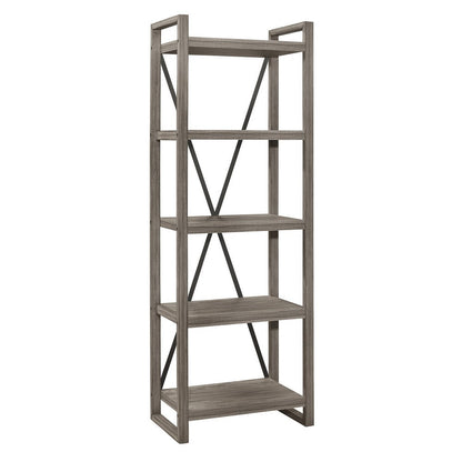 Rie 77 Inch Bookshelf, 4 Tiers , Metal X Shaped Support, Rustic Gray Wood