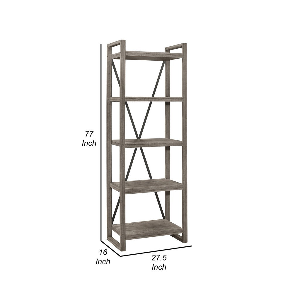 Rie 77 Inch Bookshelf, 4 Tiers , Metal X Shaped Support, Rustic Gray Wood