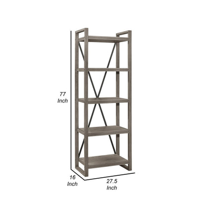 Rie 77 Inch Bookshelf, 4 Tiers , Metal X Shaped Support, Rustic Gray Wood