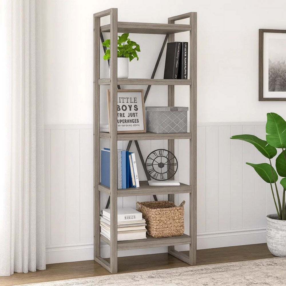 Rie 77 Inch Bookshelf, 4 Tiers , Metal X Shaped Support, Rustic Gray Wood