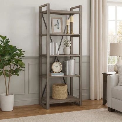Rie 77 Inch Bookshelf, 4 Tiers , Metal X Shaped Support, Rustic Gray Wood