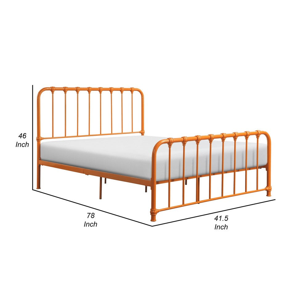 Ethan Full Size Metal Bed, Orange Spindle Design, Heavy Duty Slat Support