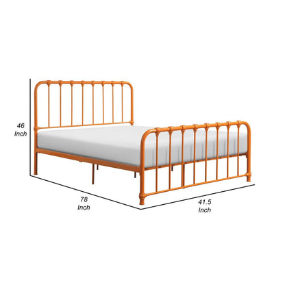 Ethan Full Size Metal Bed, Orange Spindle Design, Heavy Duty Slat Support
